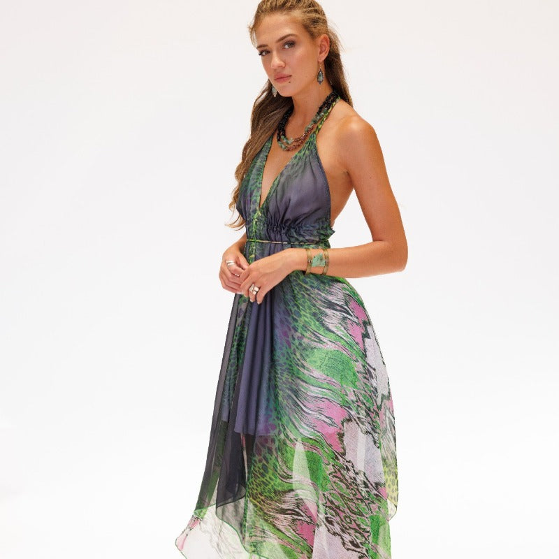 שמלת מקסי קשירה אלטרנטיבית לערב ואירועים בהדפס ירוק ורוד