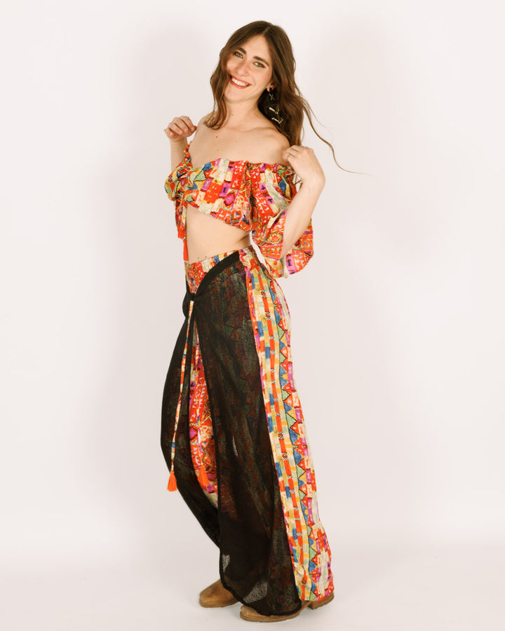 סט: טופ כיווץ + מכנס ארוך חצי רשת, משי כתום