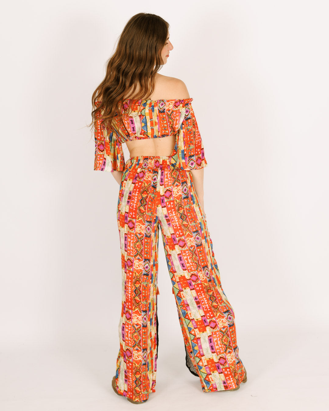 סט: טופ כיווץ + מכנס ארוך חצי רשת, משי כתום