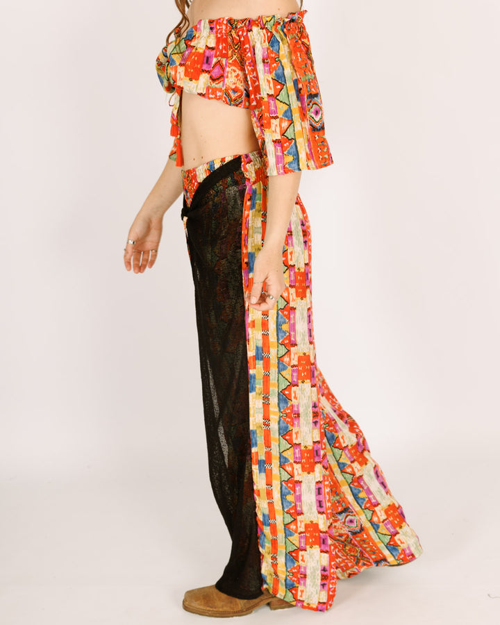 סט: טופ כיווץ + מכנס ארוך חצי רשת, משי כתום