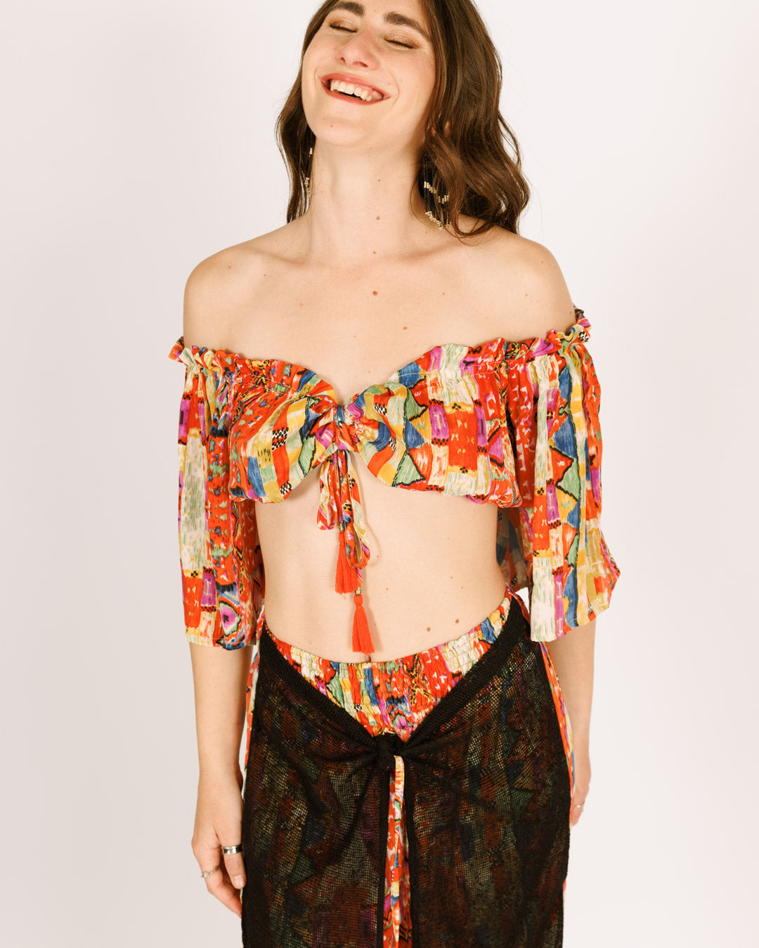 סט: טופ כיווץ + מכנס ארוך חצי רשת, משי כתום