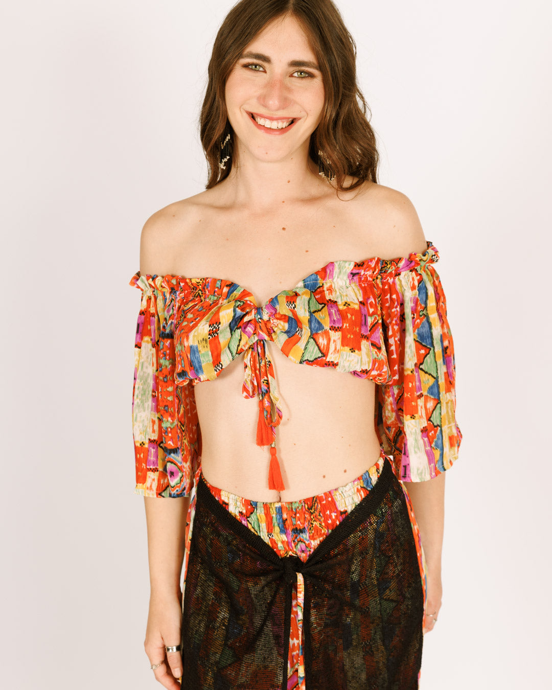 סט: טופ כיווץ + מכנס ארוך חצי רשת, משי כתום