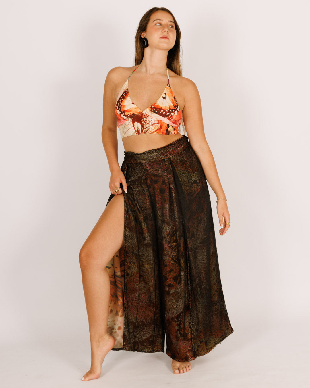 סט: טופ דו צדדי + מכנס ארוך רשת שסעים, פרפרים כתום