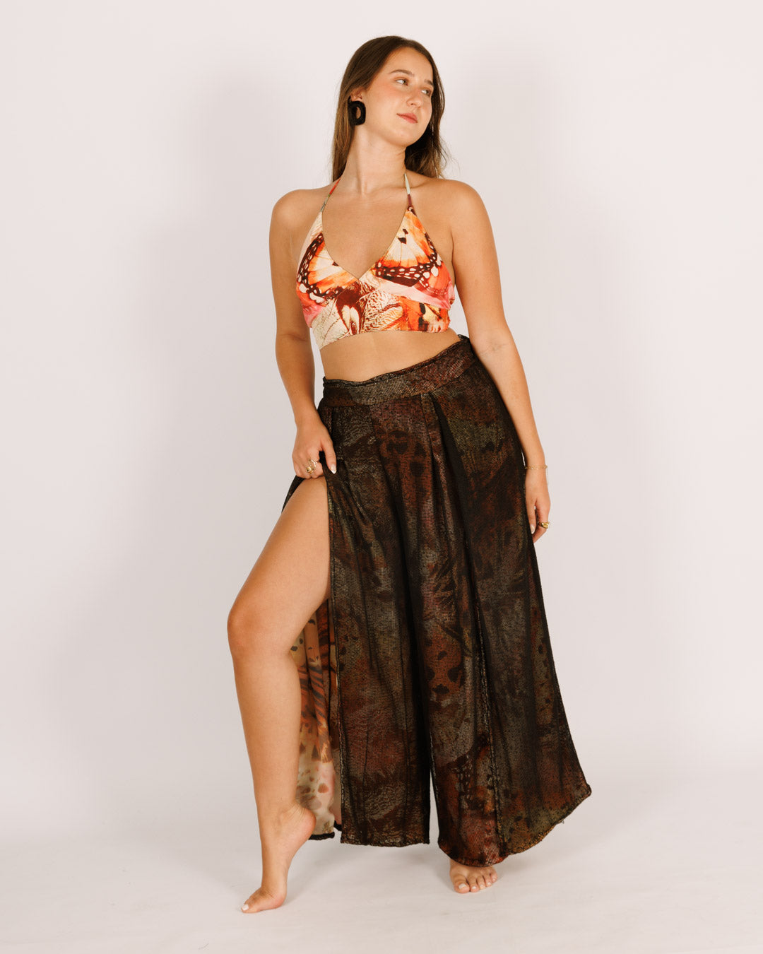 סט: טופ דו צדדי + מכנס ארוך רשת שסעים, פרפרים כתום