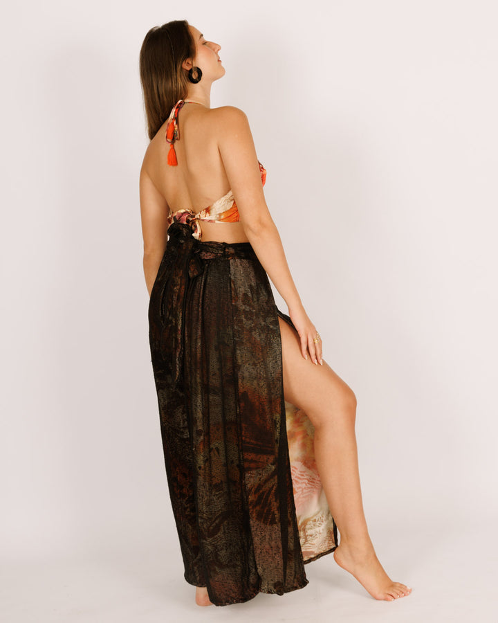 סט: טופ דו צדדי + מכנס ארוך רשת שסעים, פרפרים כתום