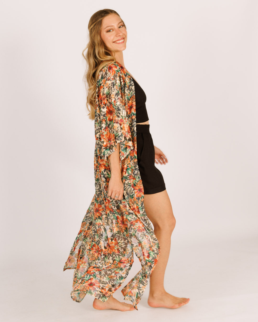 קימונו מקסי שיפון פרחוני