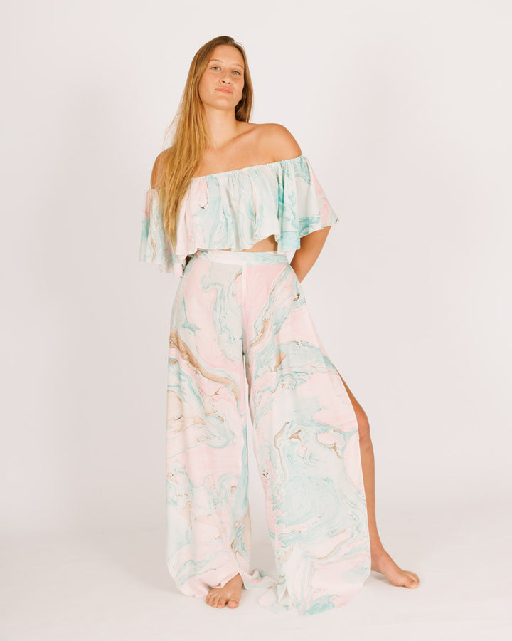 סט: טופ מלמלה + מכנס שסעים, ורוד נמרח