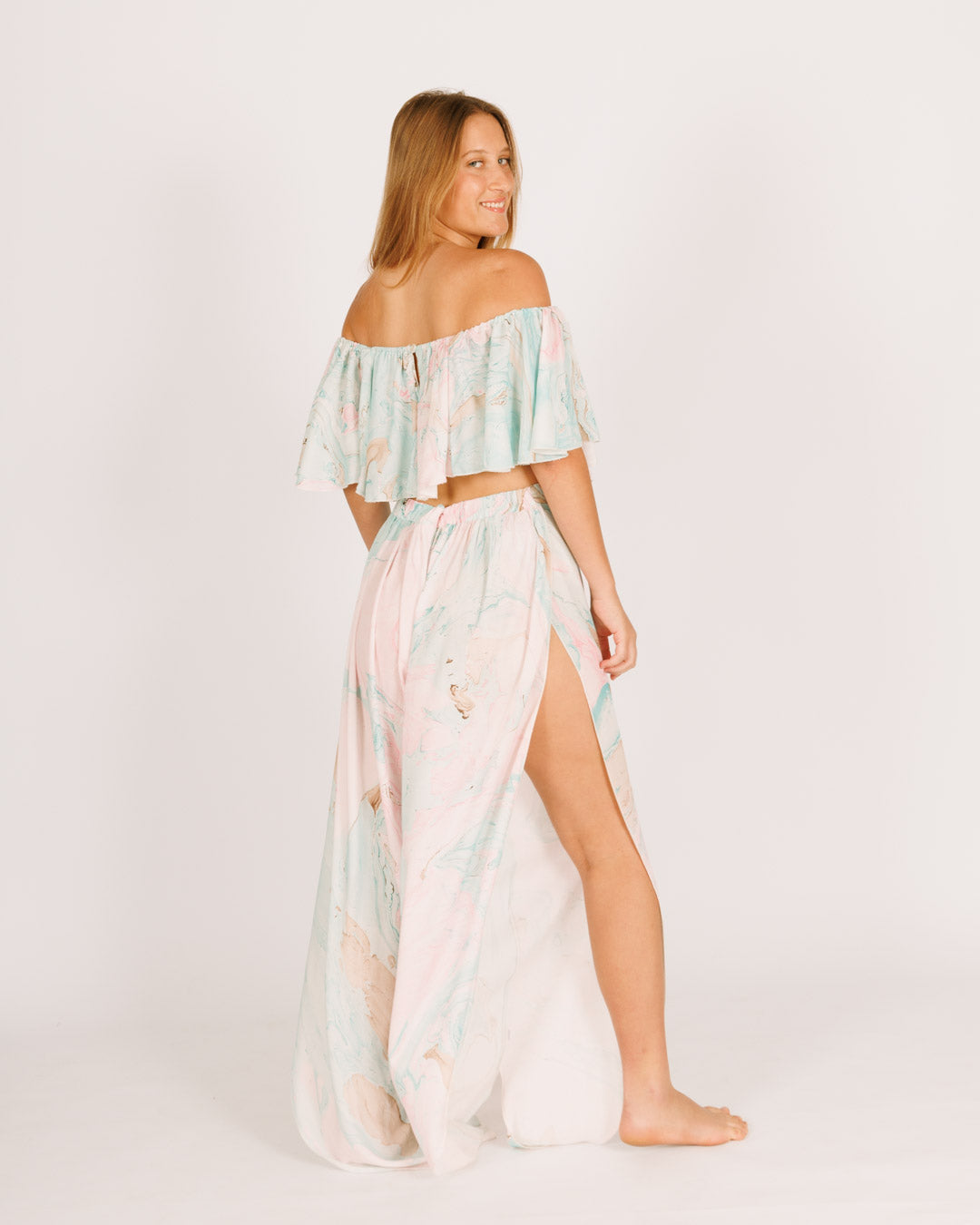 סט: טופ מלמלה + מכנס שסעים, ורוד נמרח