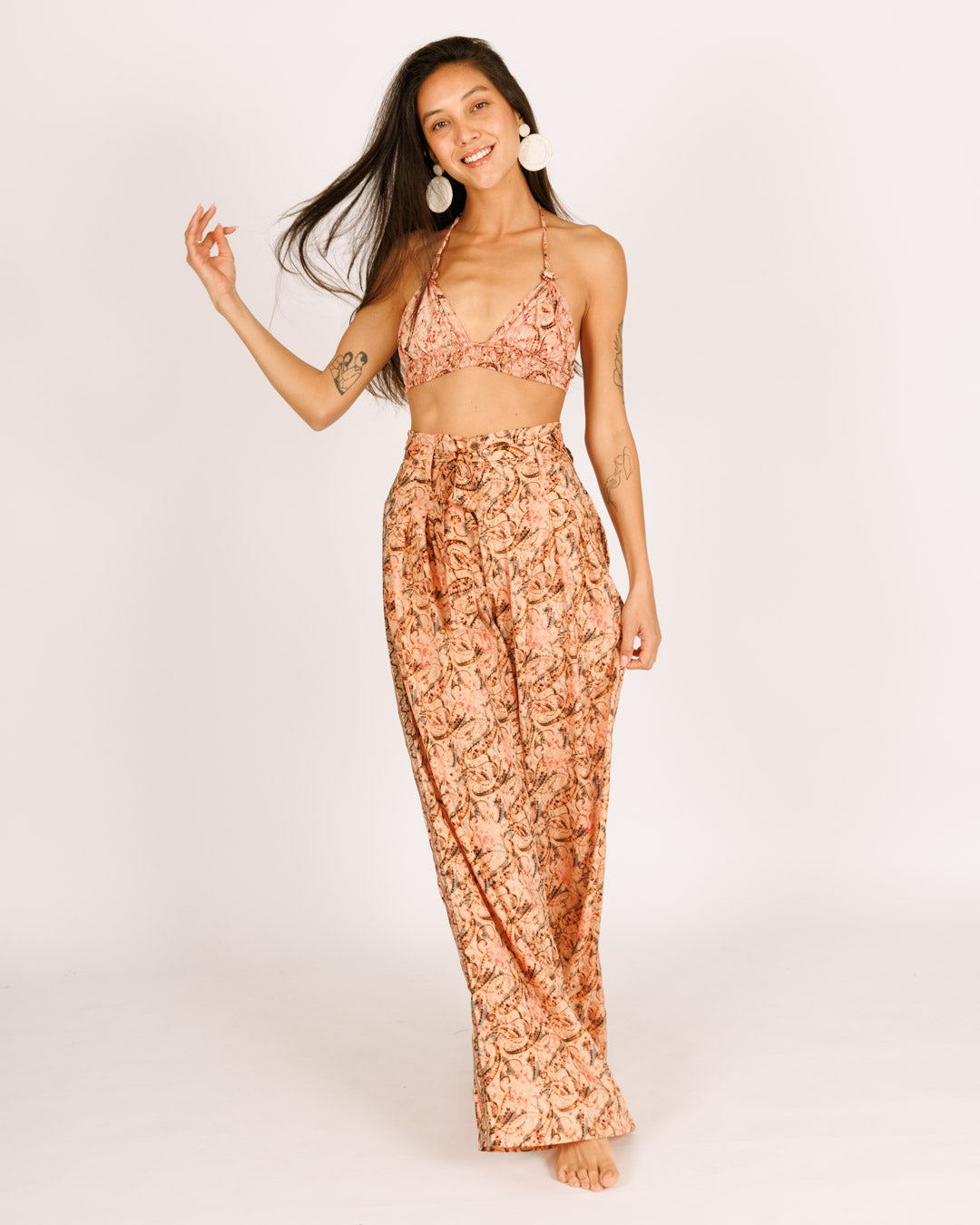 סט: טופ משולשים + מכנס אלגנטי, משי ורוד כתמתם