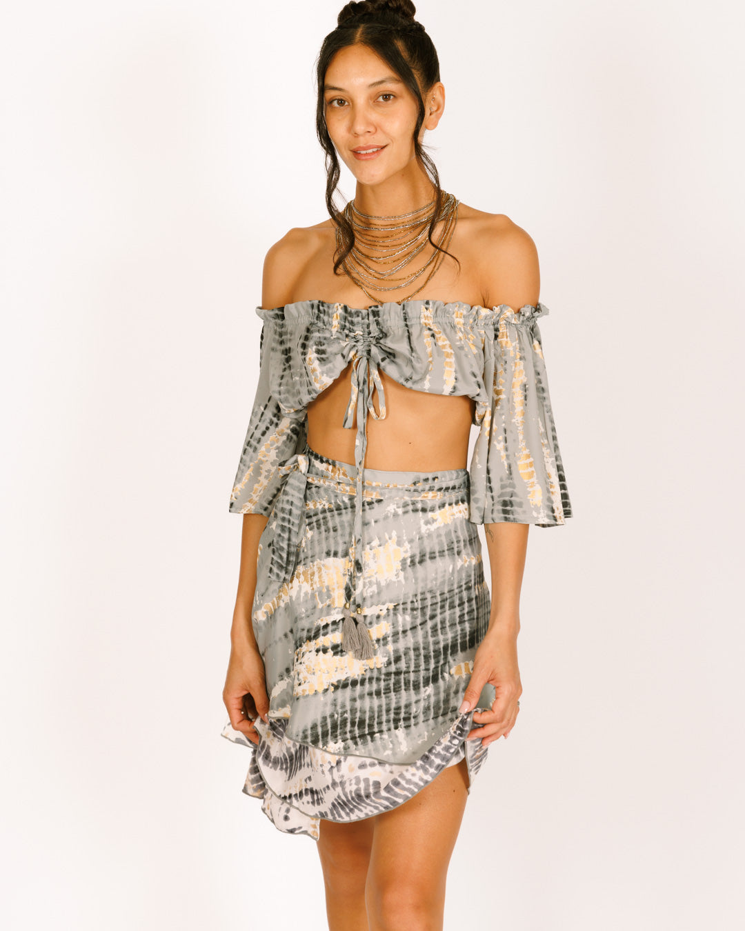 סט: טופ כיווץ + חצאית 2 שכבות, משי אפור