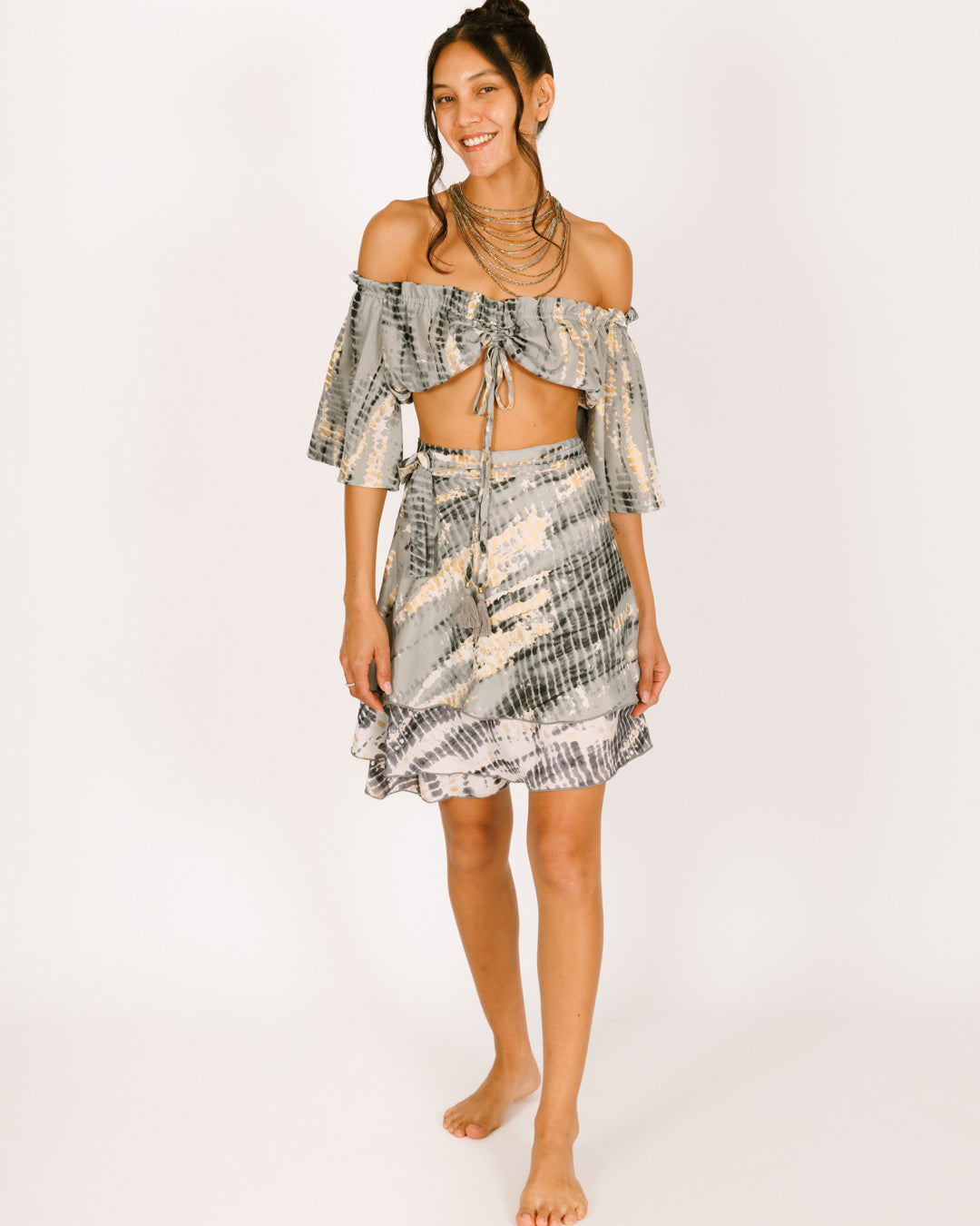 סט: טופ כיווץ + חצאית 2 שכבות, משי אפור