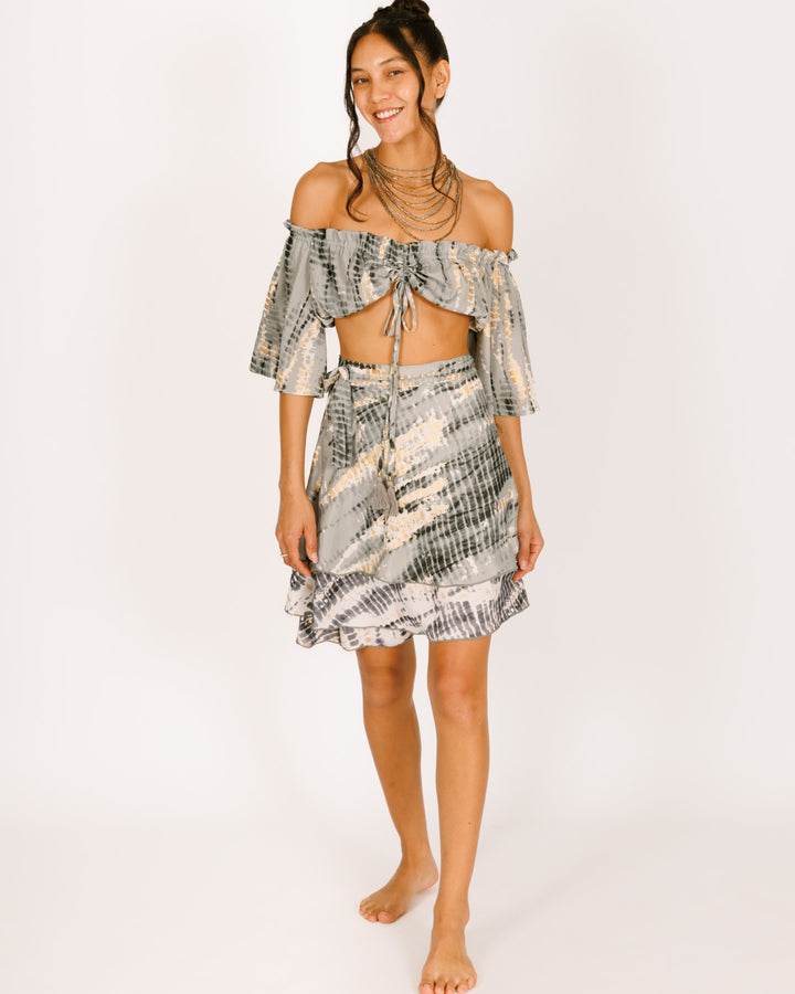 סט: טופ כיווץ + חצאית 2 שכבות, משי אפור