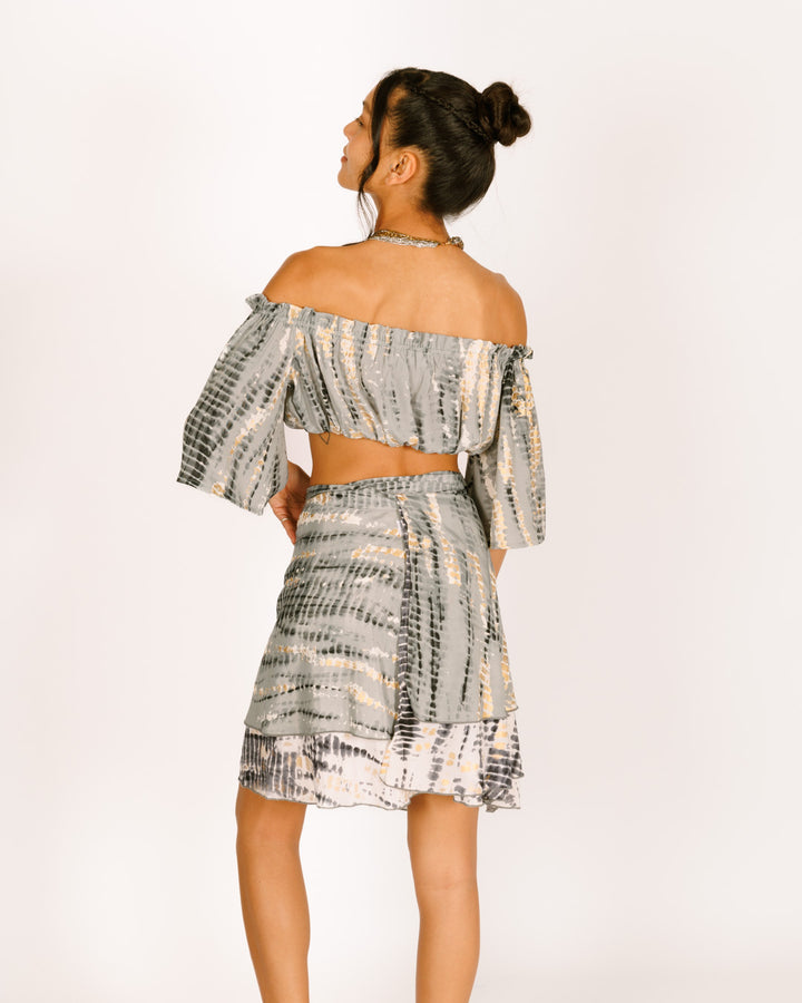 סט: טופ כיווץ + חצאית 2 שכבות, משי אפור