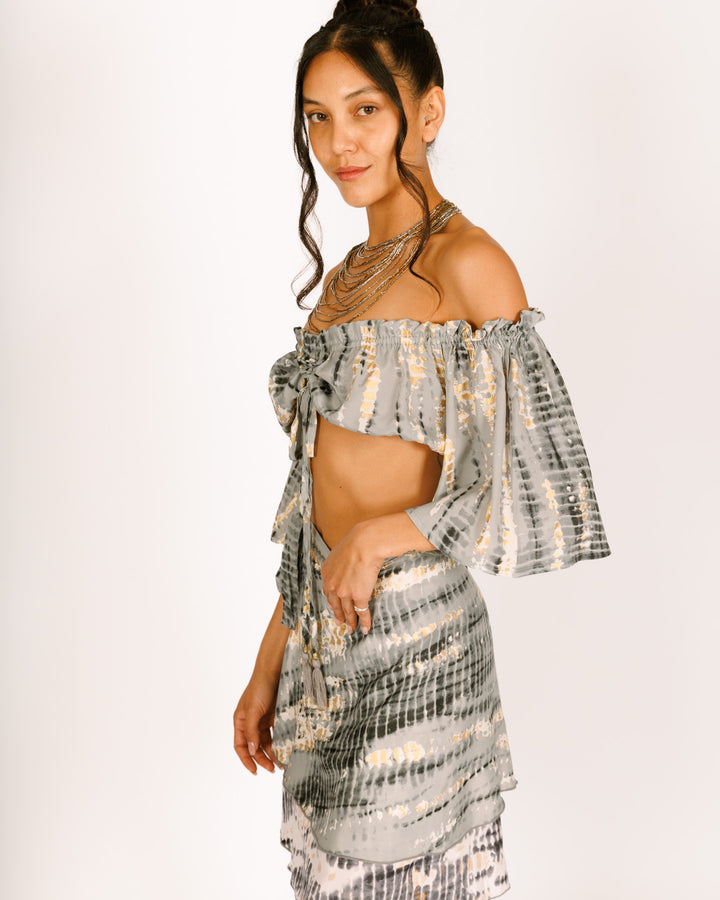 סט: טופ כיווץ + חצאית 2 שכבות, משי אפור