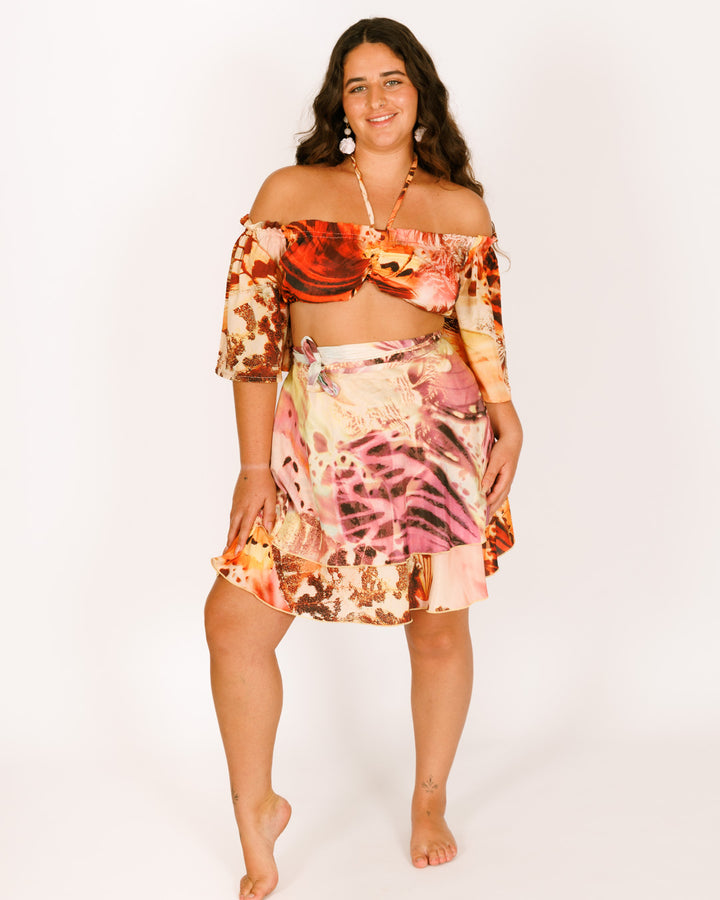 סט: טופ כיווץ + חצאית 2 שכבות, משי כתום ורוד