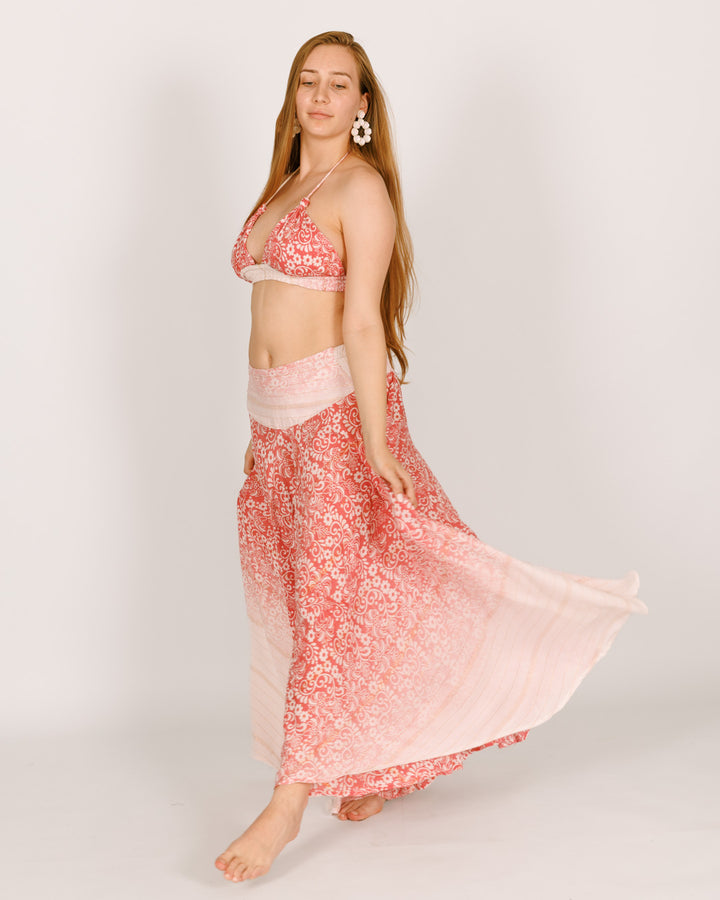 סט: טופ משולשים + מכנס מטריה, לבן פרחים ורודים