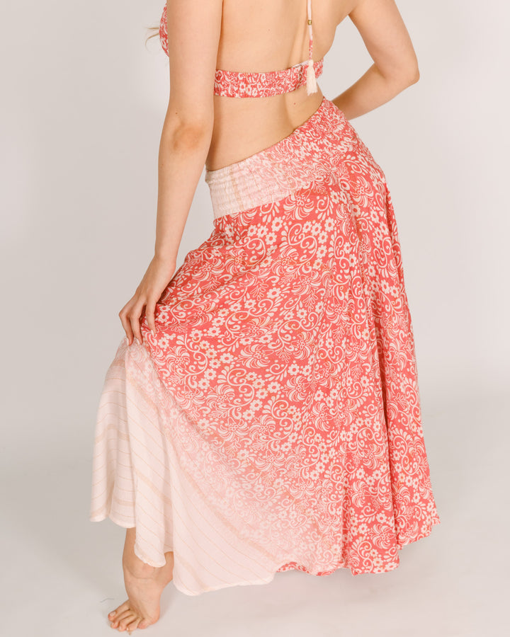 סט: טופ משולשים + מכנס מטריה, לבן פרחים ורודים