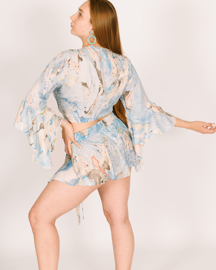 סט: חולצת בטן + מכנס מטריה קצר, כחול נמרח