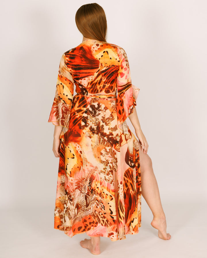 סט: חולצת בטן מעטפת + חצאית קשירה מקסי, משי פרפרים כתום