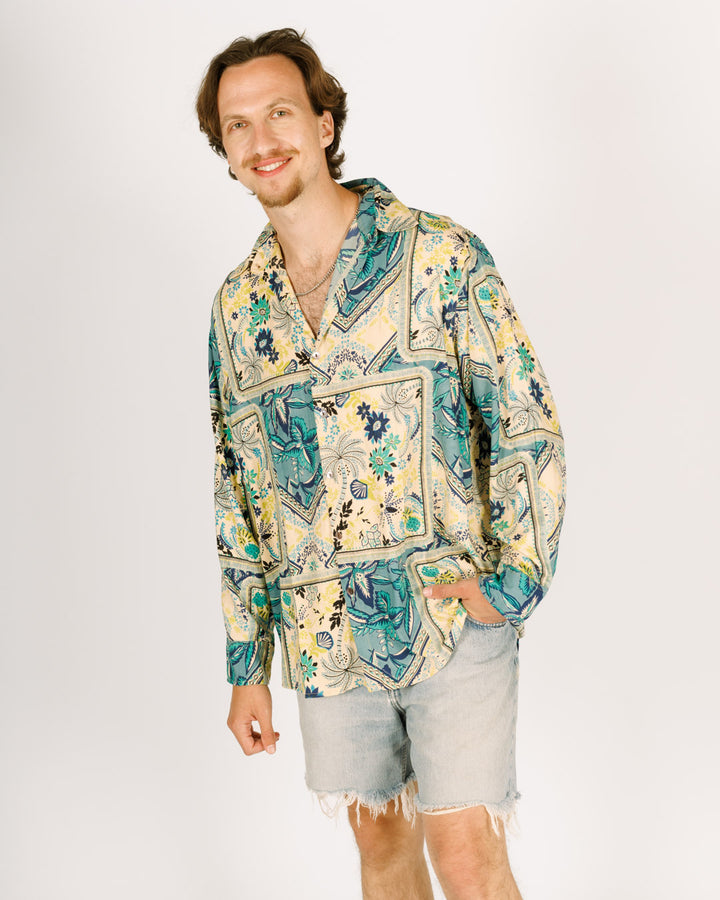 מכופתרת ארוכה ויסקוז לגבר - גאומטרי ירוק, תכלת ושמנת