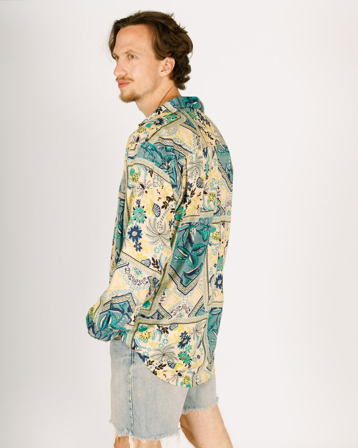 מכופתרת ארוכה ויסקוז לגבר - גאומטרי ירוק, תכלת ושמנת