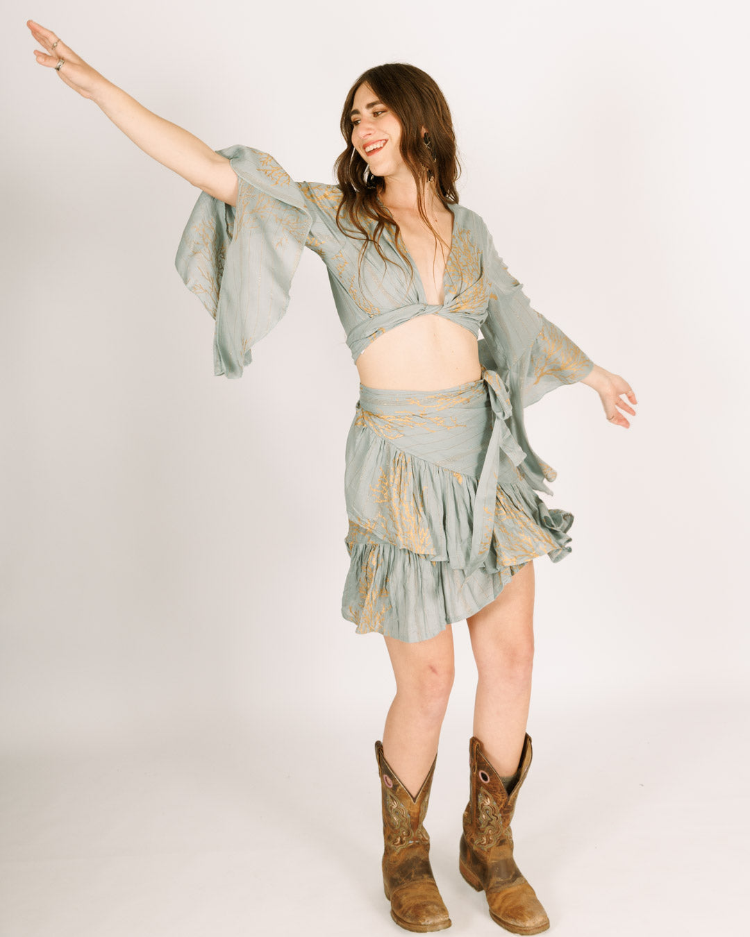 חצאית מיני תכלת קשירה מלמלה, אלמוג זהב