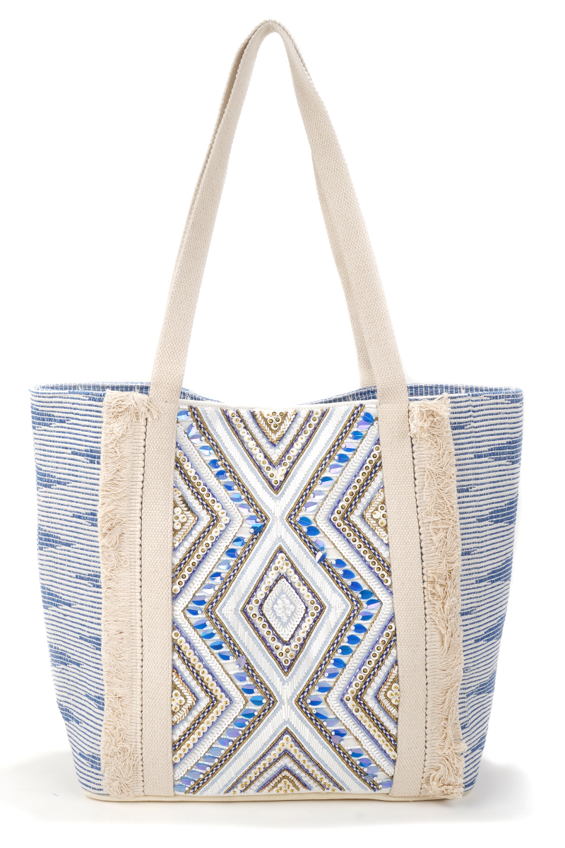 תיק בד כחול לבן בקישוט חרוזים