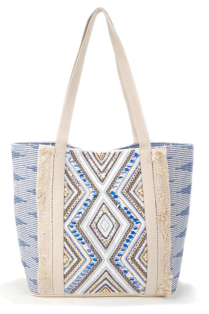 תיק בד כחול לבן בקישוט חרוזים