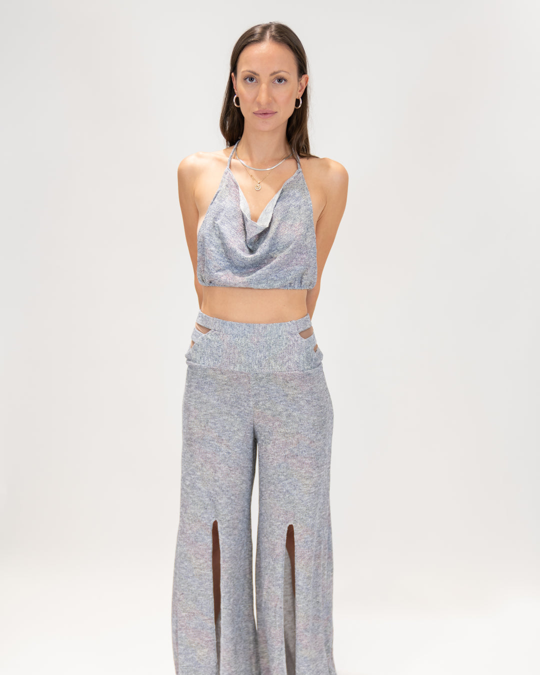 סט כותנת לייקרה ורוד כתמתם שקוף: טופ צווארון נשפך ומכנס ארוך שסעים