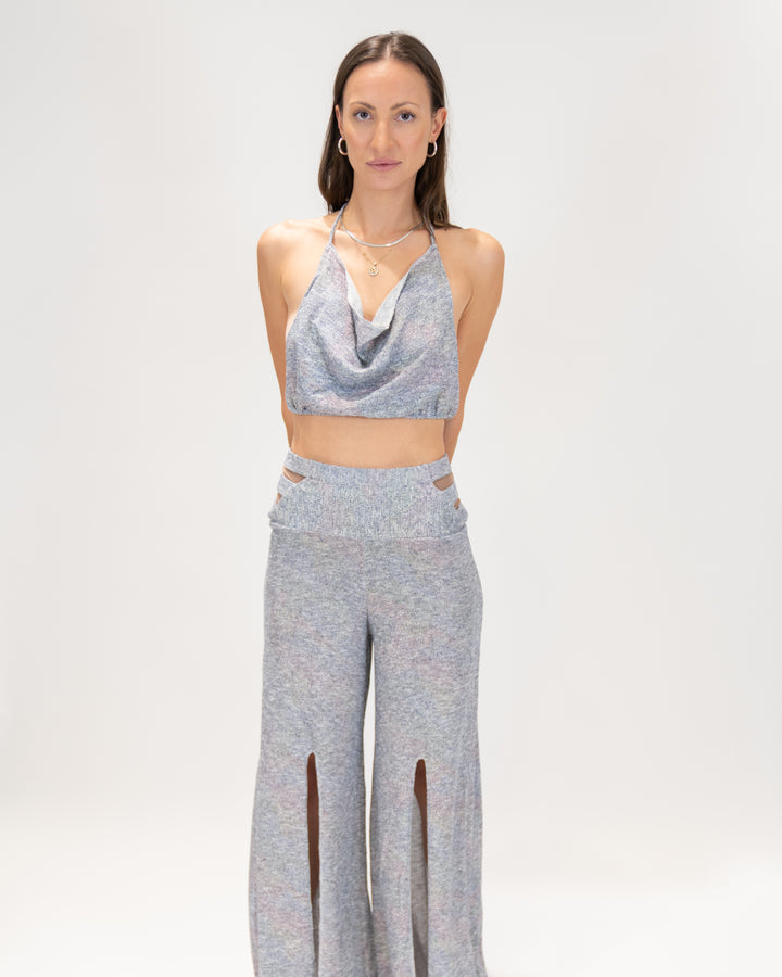 סט כותנת לייקרה ורוד כתמתם שקוף: טופ צווארון נשפך ומכנס ארוך שסעים