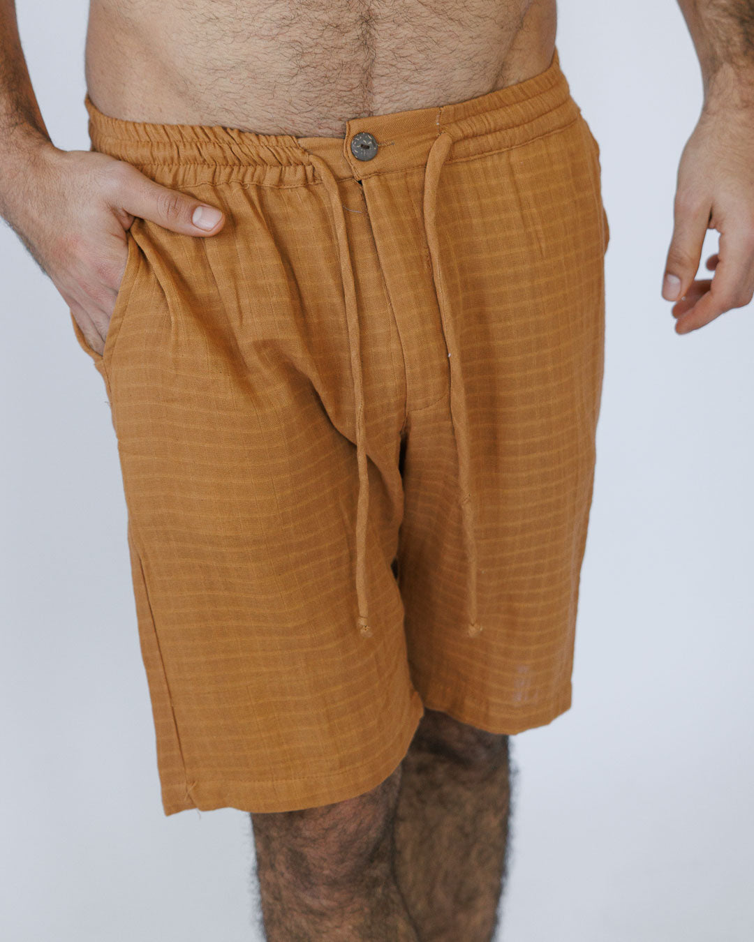 סט: מכופתרת קצרה עם כיס + מכנס כותנה קצר, מעוטרת משבצות עדינות, קאמל לגבר