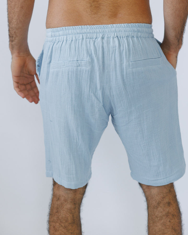 סט: מכופתרת קצרה עם כיס + מכנס כותנה קצר, מעוטרת משבצות עדינות, אפור-תכלת לגבר