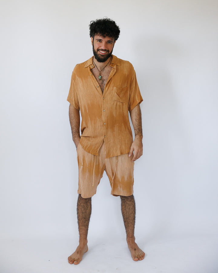 סט: מכופתרת קצרה עם כיס + מכנס קצר בצביעה משופשפת, קאמל לגבר