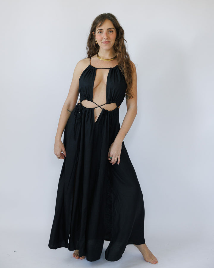 שמלת מקסי חורים שחורה