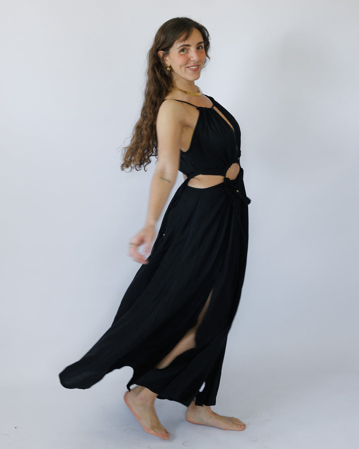 שמלת מקסי חורים שחורה