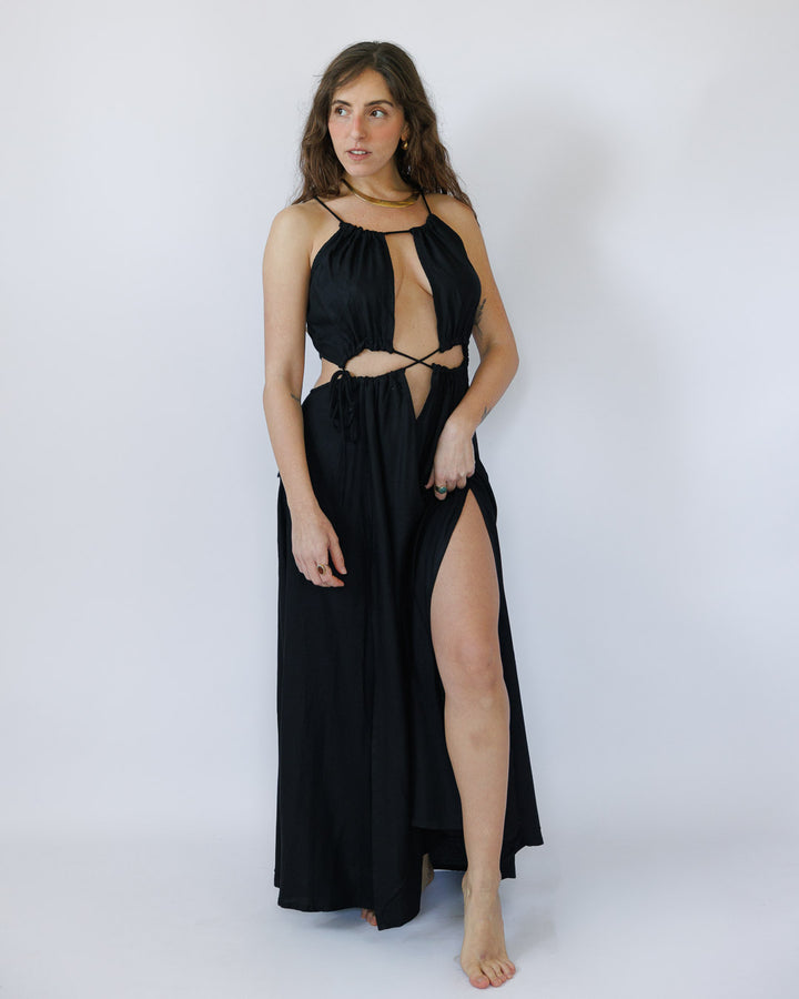 שמלת מקסי חורים שחורה