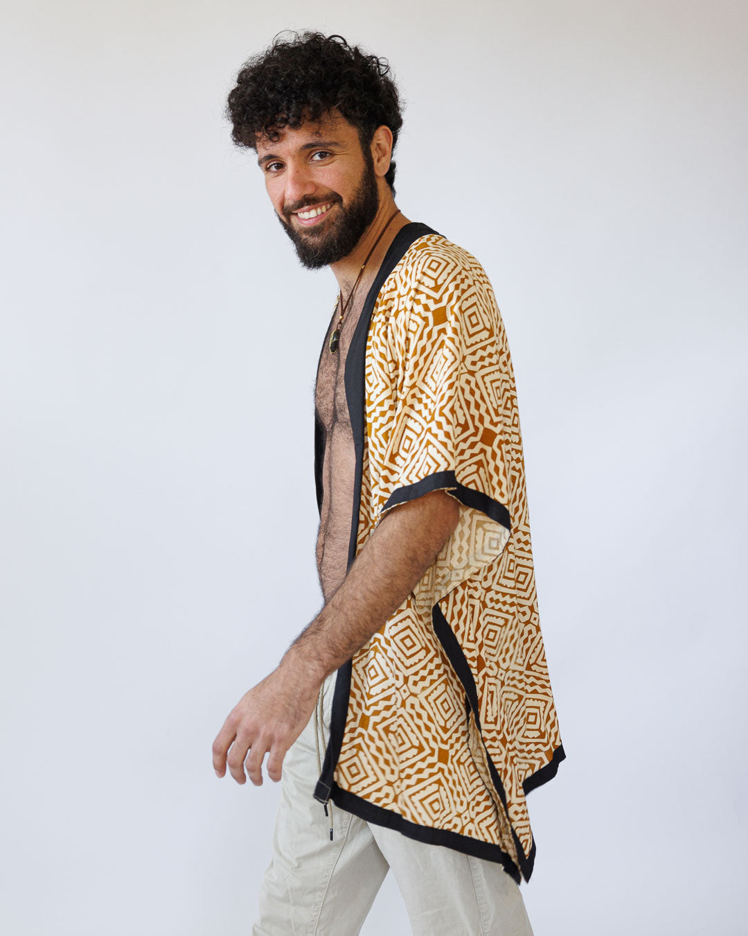 קימונו ויסקוז קצר, שרוול ארוך בהדפס מעונים כתום נטורל לגבר