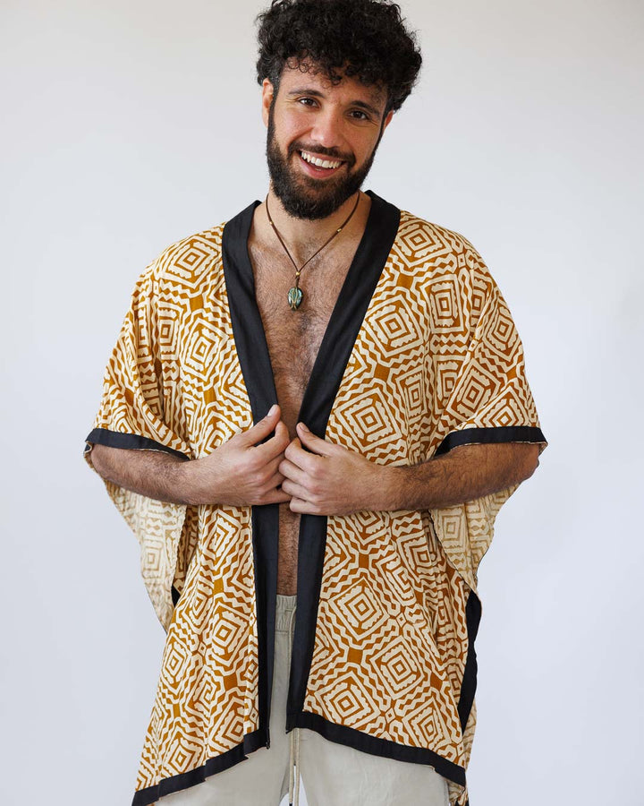 קימונו ויסקוז קצר, שרוול ארוך בהדפס מעונים כתום נטורל לגבר