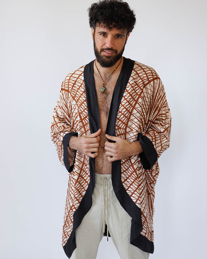 קימונו/ עליונית ויסקוז, כתומה עגולה, בהדפס גאומטרי לגבר