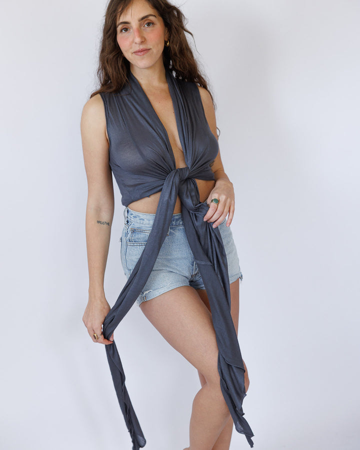 וסט, קימונו אפור/חולצת קשירה ויסקוז לייקרה לנשים