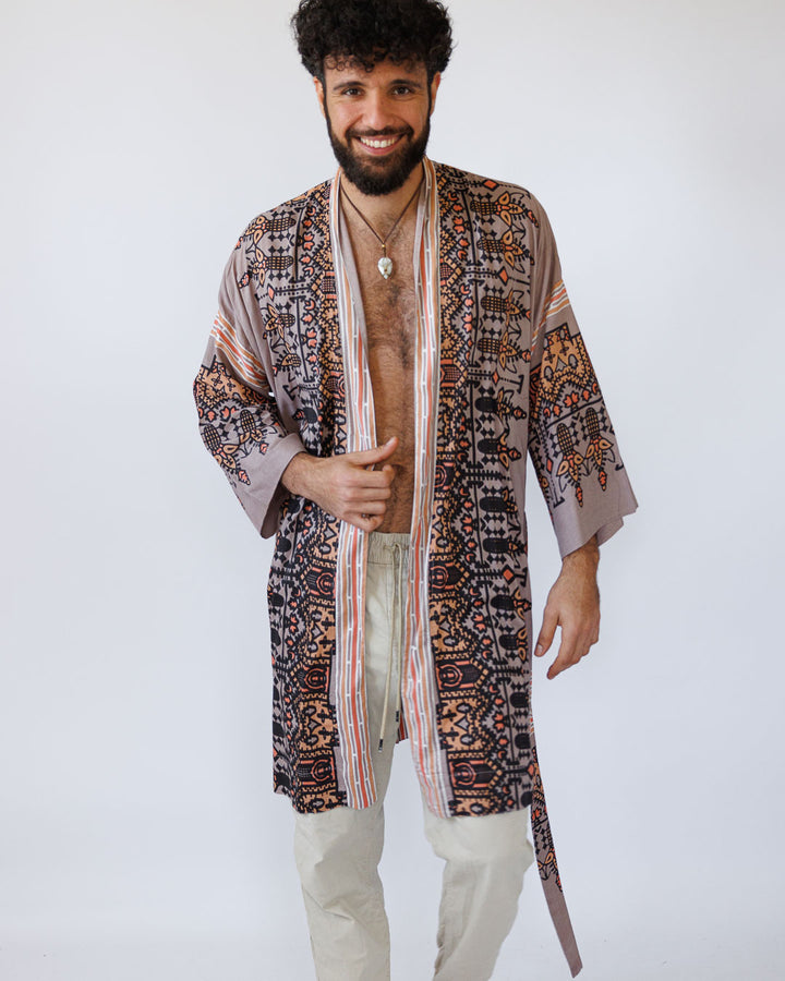 קימונו ויסקוז מידי, שרוול ארוך בהדפס אפור גאומטרי לגבר