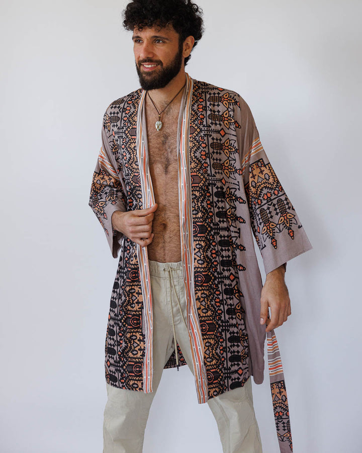 קימונו ויסקוז מידי, שרוול ארוך בהדפס אפור גאומטרי לגבר