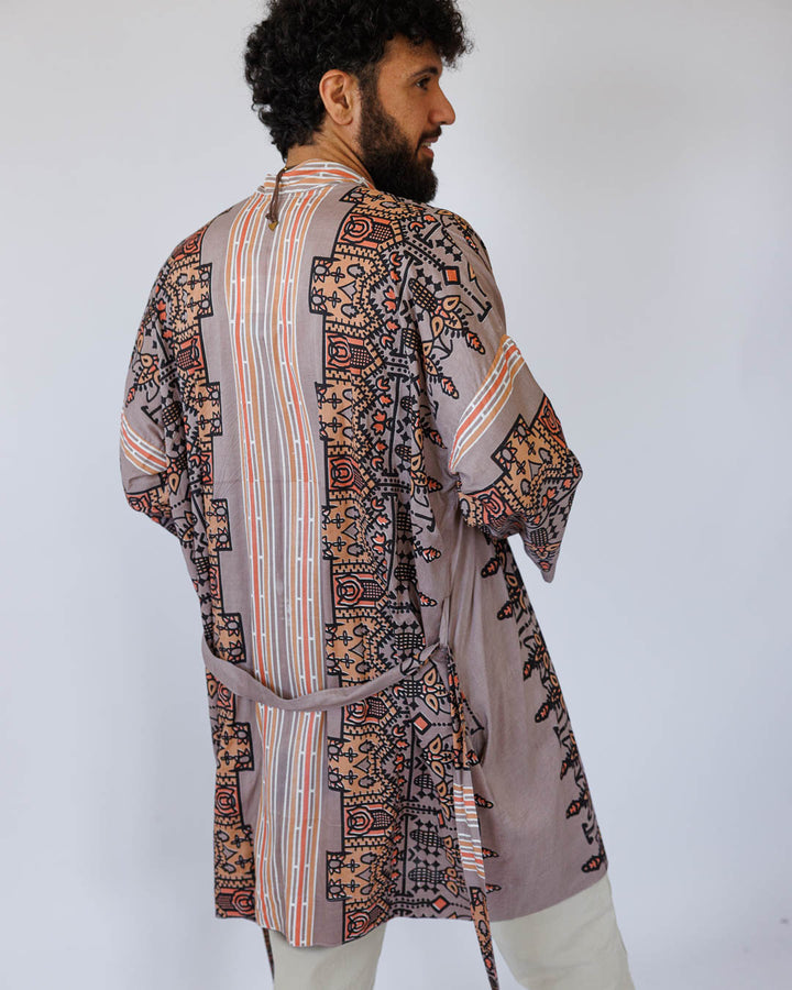 קימונו ויסקוז מידי, שרוול ארוך בהדפס אפור גאומטרי לגבר