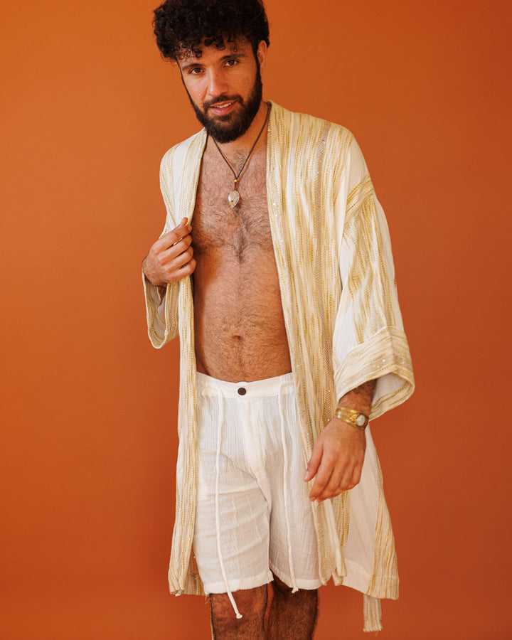 קימונו מקסי, שרוול ארוך, כותנה בצבעים מדברים ומעט ניצוץ לגבר