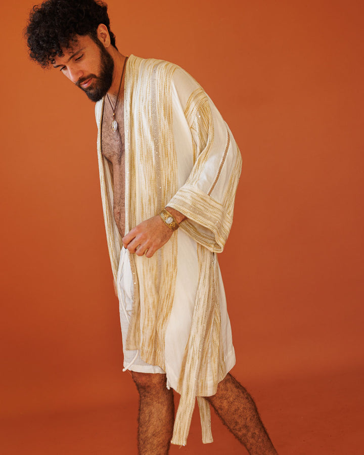 קימונו מקסי, שרוול ארוך, כותנה בצבעים מדברים ומעט ניצוץ לגבר