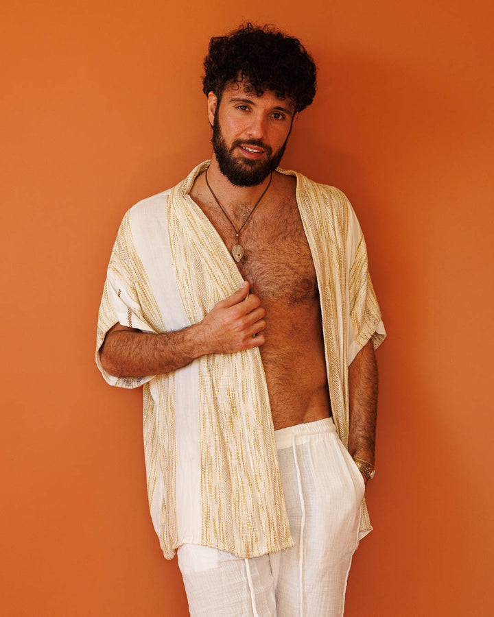 קימונו קצר, שרוול קצר, כותנה בצבעים מדברים ומעט ניצוץ לגבר