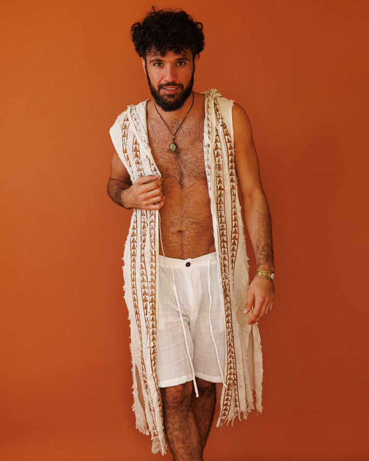 וסט/ קימונו כותנה, ללא שרוול, עם קפוצון, בהדפס חותמות עץ ידני לגבר