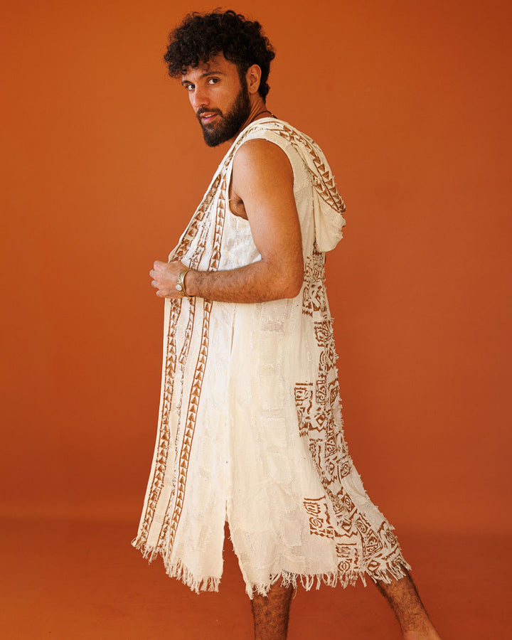 וסט/ קימונו כותנה, ללא שרוול, עם קפוצון, בהדפס חותמות עץ ידני לגבר