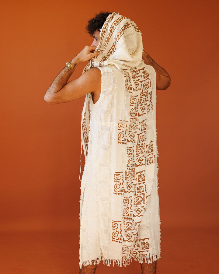 וסט/ קימונו כותנה, ללא שרוול, עם קפוצון, בהדפס חותמות עץ ידני לגבר