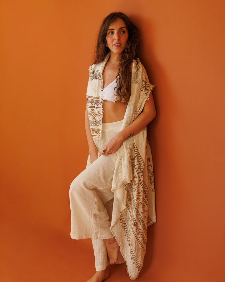 וסט כותנה פרום נטורל, בהדפס חותמות עץ ידני שבטי לאישה